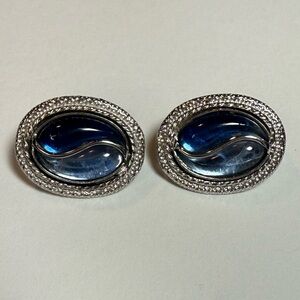 Vintage 60’s Emmons Silver Tone Blue Lucite Cabochon Clip-On Earrings